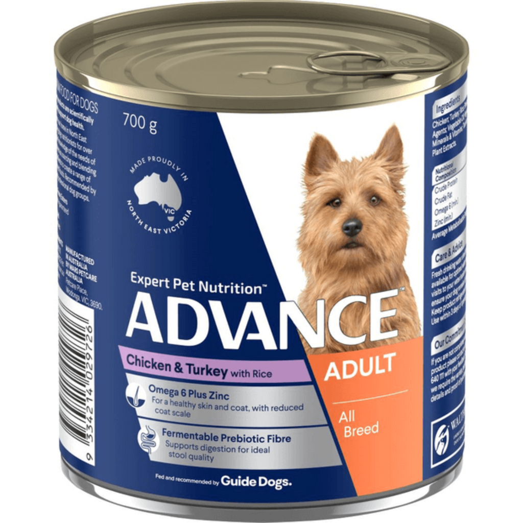 Advance Adult Dog All Breed Chicken Turkey and Rice wet food can – Australian-made complete balanced wet dog food available in 410g and 700g