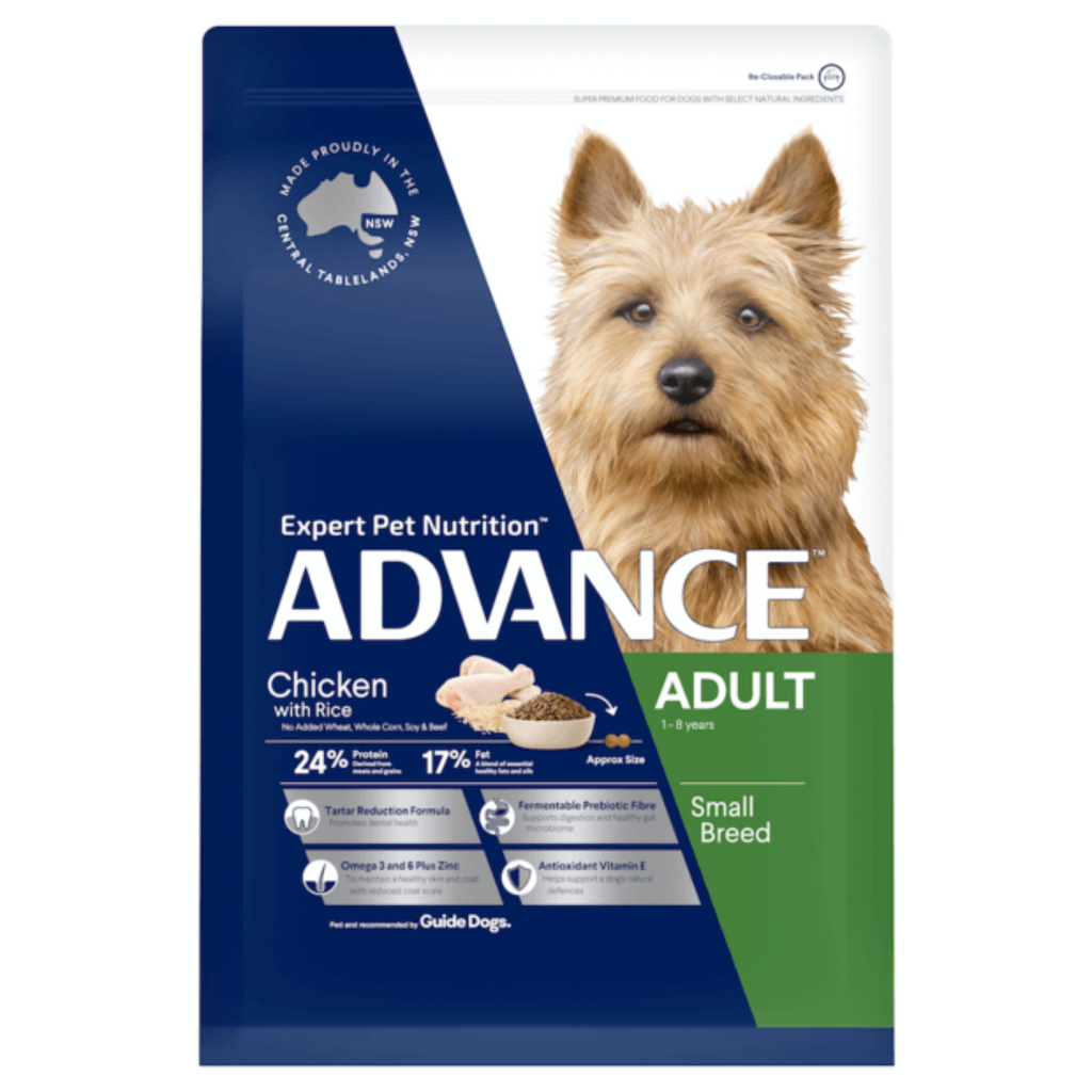 Advance Small Toy Adult Dog Breed Chicken with Rice dry dog food – Australian-made complete balanced dry food for small and toy breed adult dogs in 3kg and 8kg