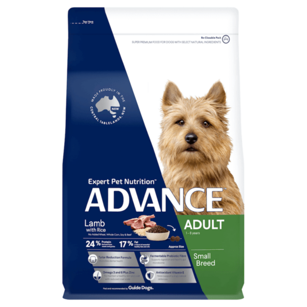Advance Small Toy Breed Adult Dog Lamb with Rice dry dog food – Australian-made smaller kibble complete balanced dry food for small and toy breed dogs in 3kg and 8kg
