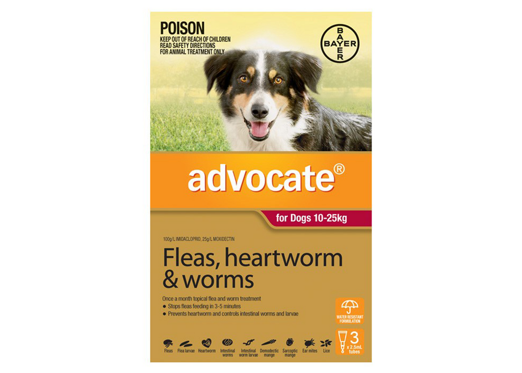 Advocate Dog 10-25kg Red monthly spot-on flea heartworm and worm treatment for medium dogs – 3 pack and 6 pack available