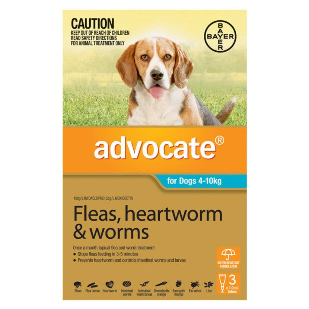 Advocate Dog 4-10kg Aqua monthly spot-on flea heartworm and worm treatment for small to medium dogs – 3 pack and 6 pack available
