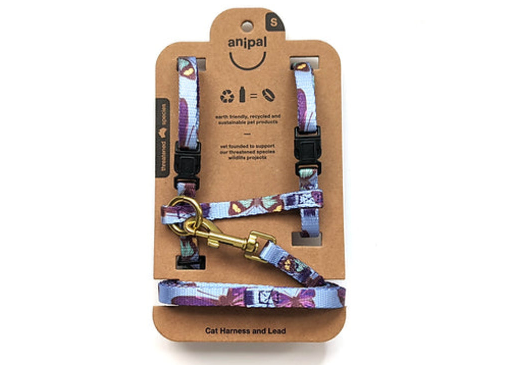 Anipal Bobby The Butterfly cat harness and lead set in lilac butterfly print made from recycled plastic bottles