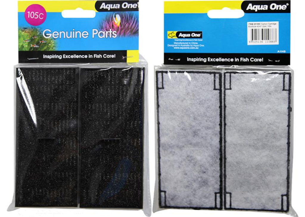 Aqua One 105C carbon filter cartridge for EcoStyle 42 and 47 – genuine replacement cartridge 2 pack with filter floss and activated carbon
