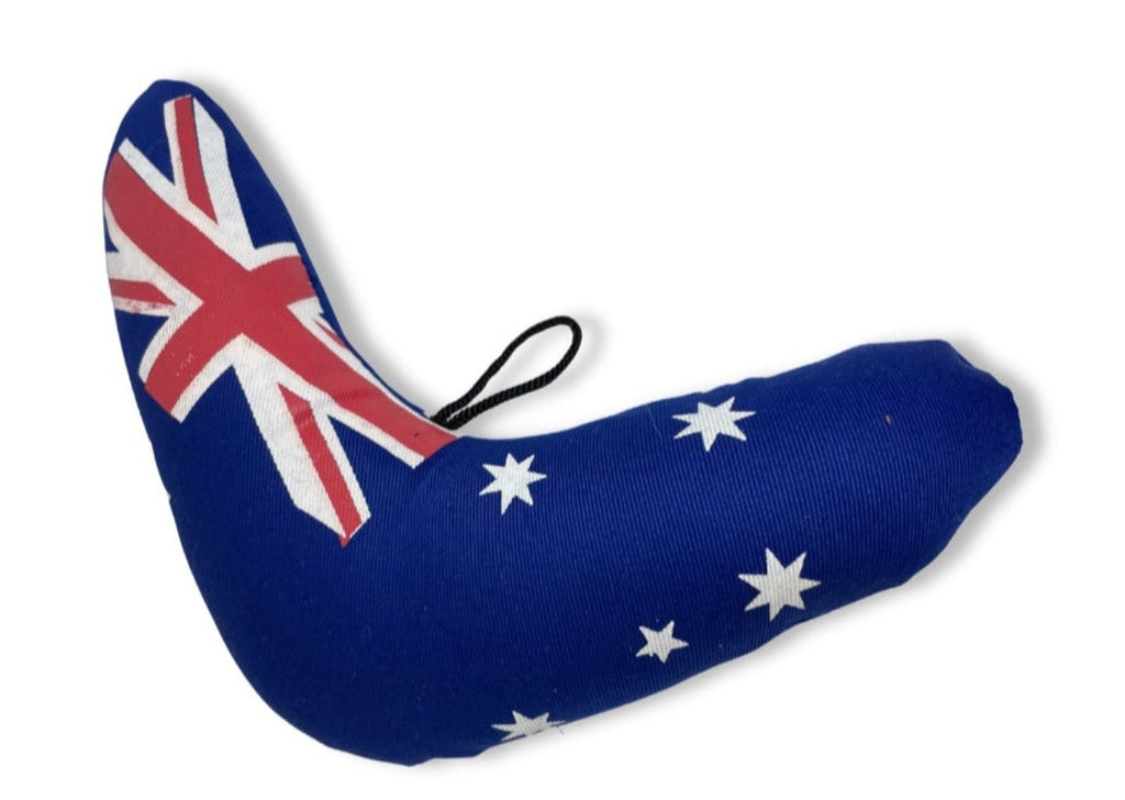 Australian flag soft plush boomerang dog toy – interactive fetch and chew toy with cotton outer for small and medium dogs and teething puppies