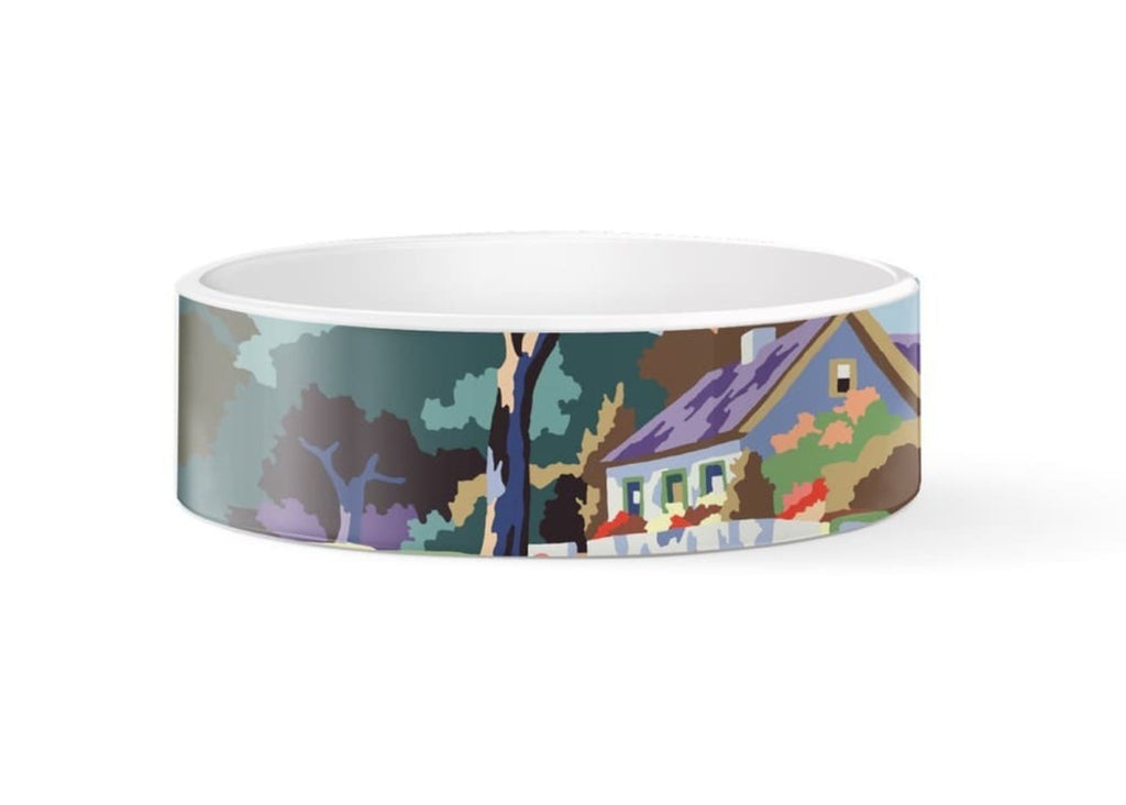 Fringe Studio Home Scene ceramic pet bowl with colourful house and trees decal art by Trey Speegle