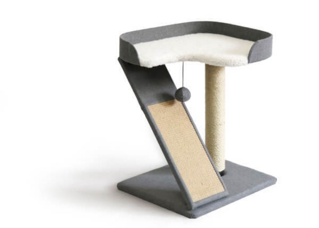 Furkidz grey cat scratch post with angled scratch ramp, hanging pompom and top resting platform