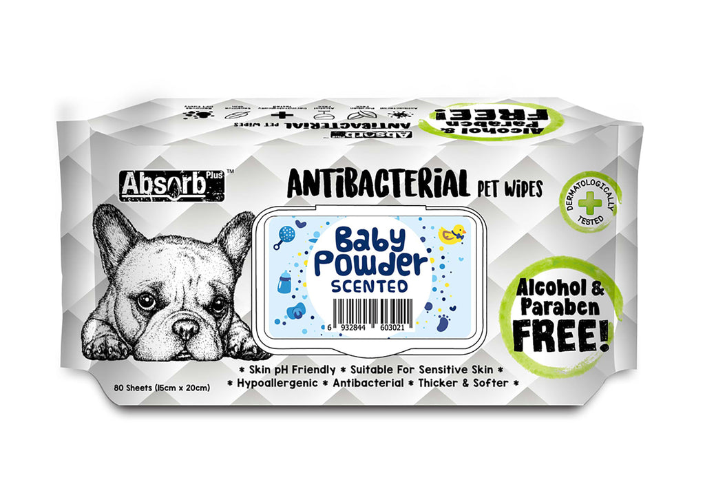 Absorb Plus Antibacterial Baby Powder Scented Dog Wipes - 80 Sheets