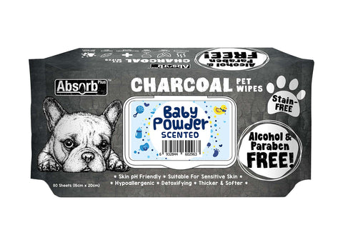 Absorb Plus Charcoal Baby Powder Scented Dog Wipes - 80 Sheets