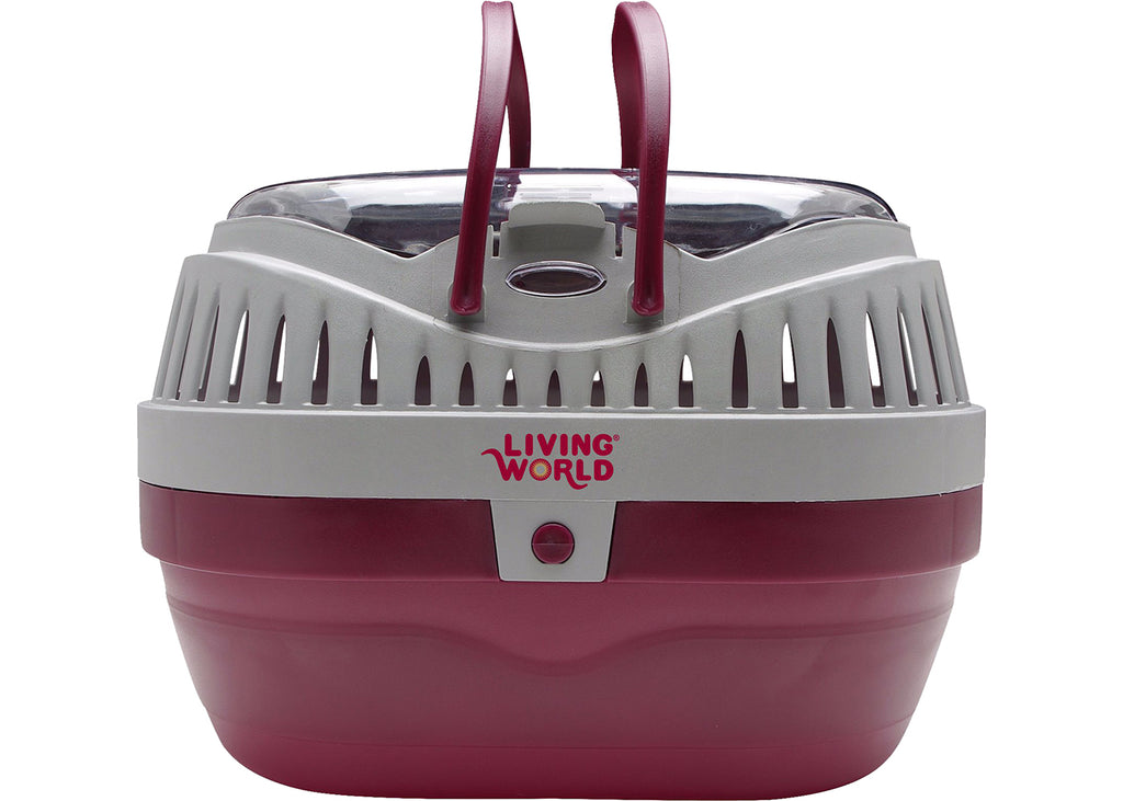Living World Small Animal Carrier in burgundy and grey plastic with clear lid, ventilation slots and carry handles