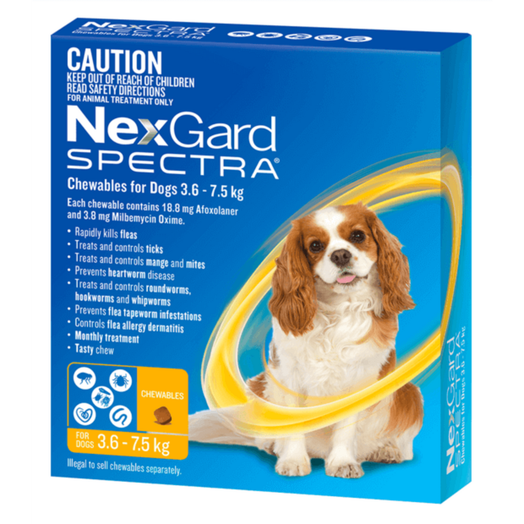 NexGard Spectra chewables for dogs 3.6 to 7.5kg yellow pack flea tick and worm treatment