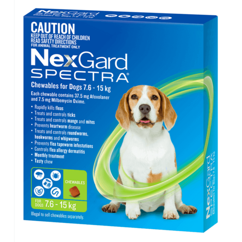 NexGard Spectra chewables for dogs 7.6 to 15kg green pack flea tick and worm treatment