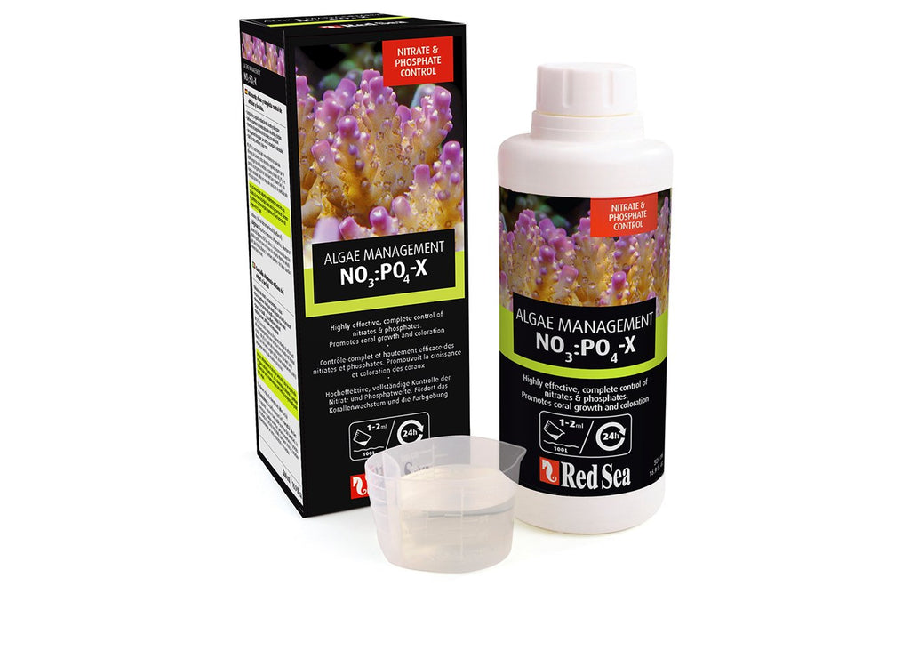 Red Sea NO3:PO4-X nitrate and phosphate reducer 500ml bottle with box and measuring cup