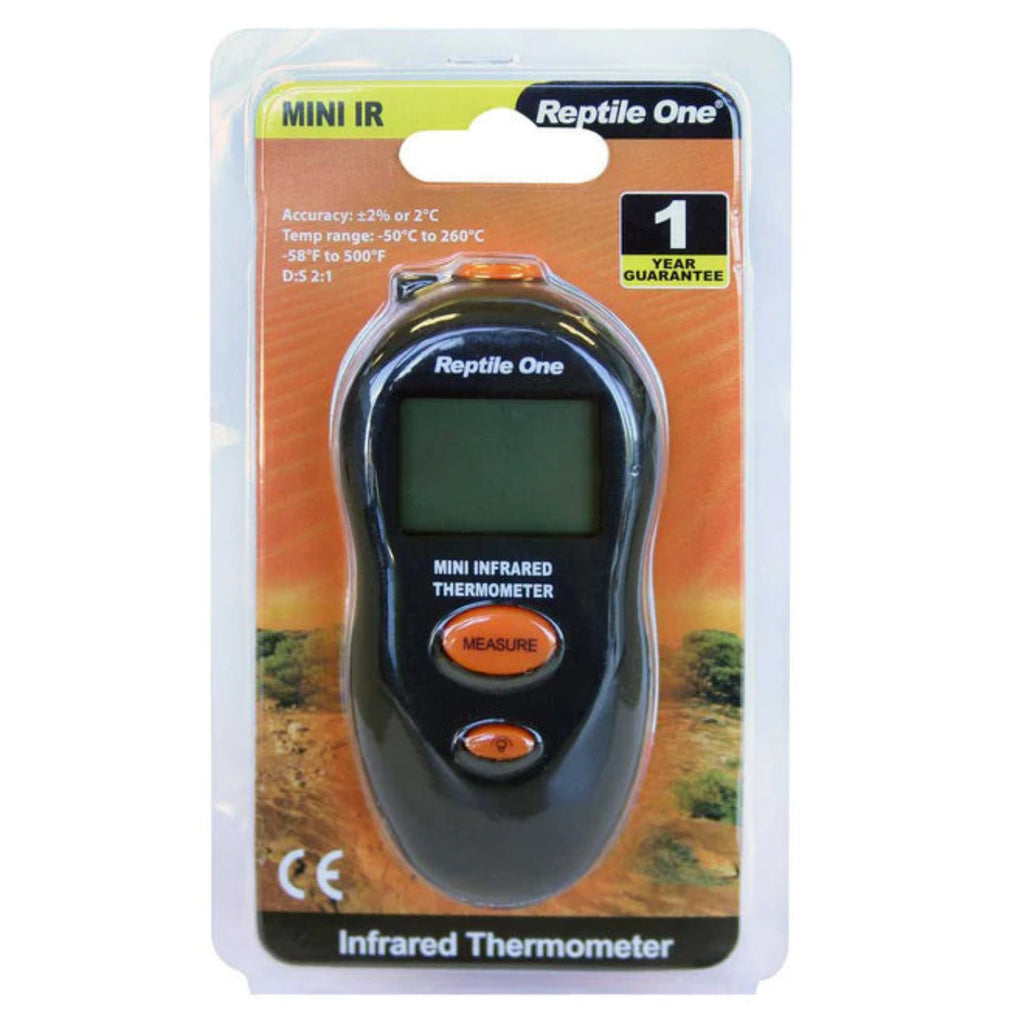 Reptile One Mini handheld infrared thermometer with LCD display in retail packaging