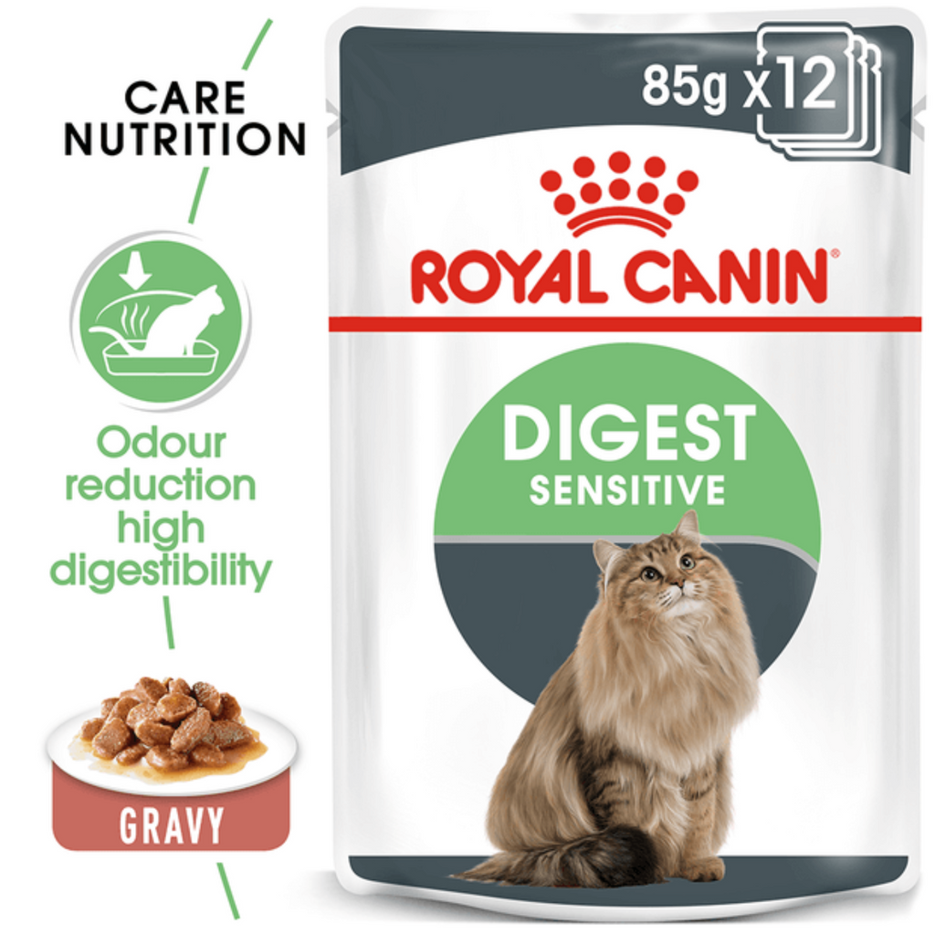 Royal Canin Feline Digestive Sensitive Care Gravy Pouch 85g – premium wet cat food for adult cats with sensitive digestion available in single and 12-pack
