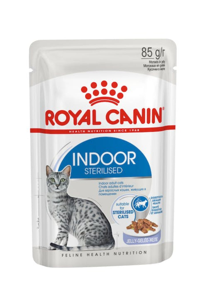 Royal Canin Indoor Sterilised adult wet cat food in jelly 85g pouch and 12 pack
