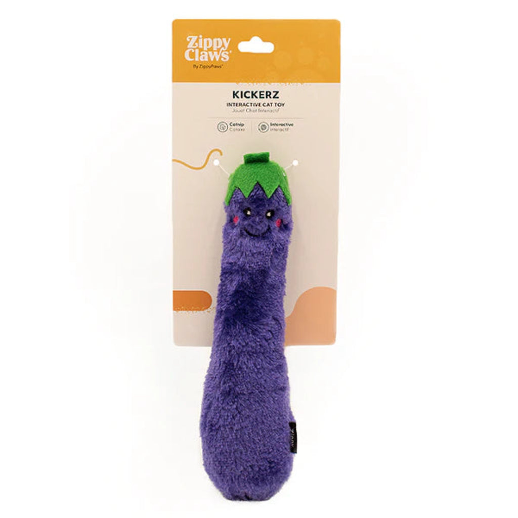 ZippyClaws Kickerz Eggplant catnip kicker cat toy – elongated plush purple eggplant catnip toy for cats to grab hold and bunny-kick