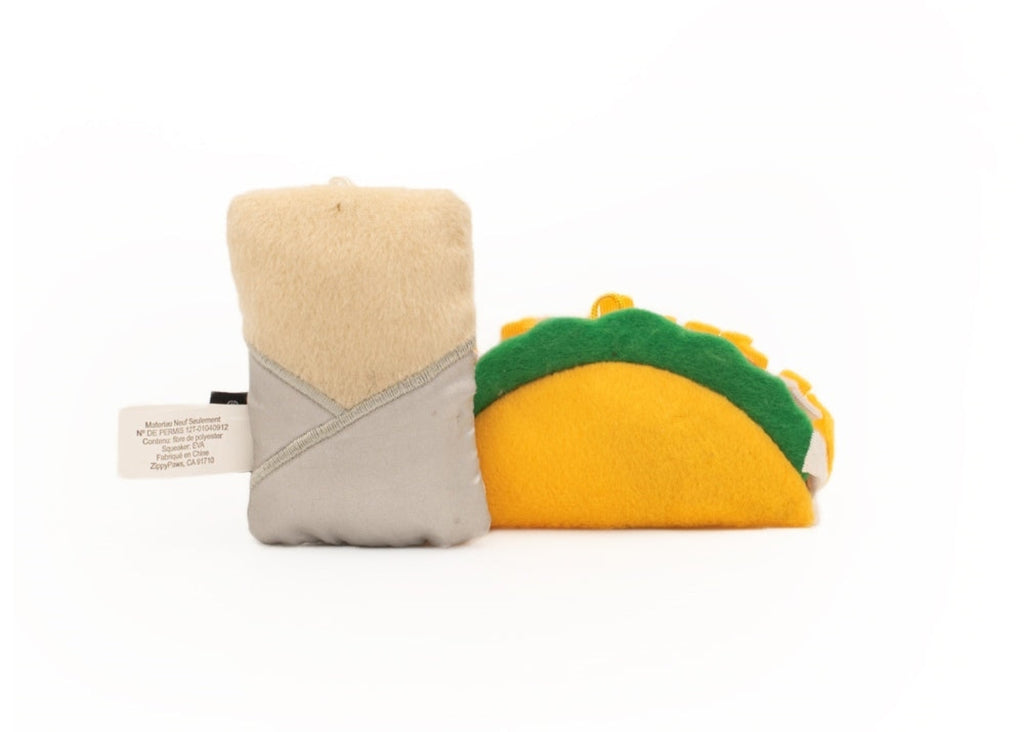 ZippyClaws NomNomz Taco and Burrito 2-pack catnip plush cat toys – taco with fabric strands and burrito kicker toy with catnip and wand loop for cats