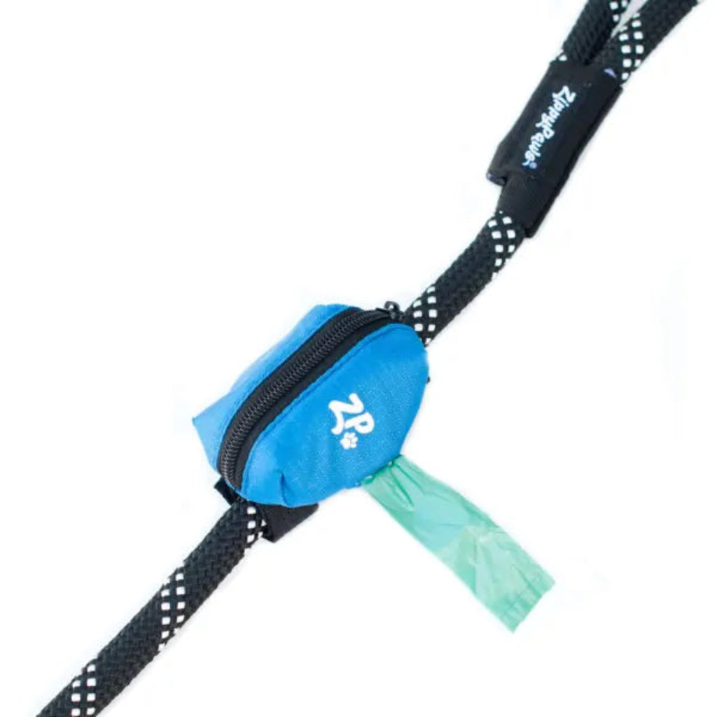 ZippyPaws Adventure Leash Waste Bag Dispenser in light blue – slim leash-mounted poop bag pouch with hook-and-loop attachment and side bag opening