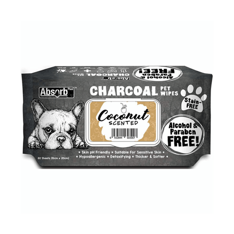 Absorb Charcoal Pet Wipes - Coconut 80 Sheets (20 x 15cm)