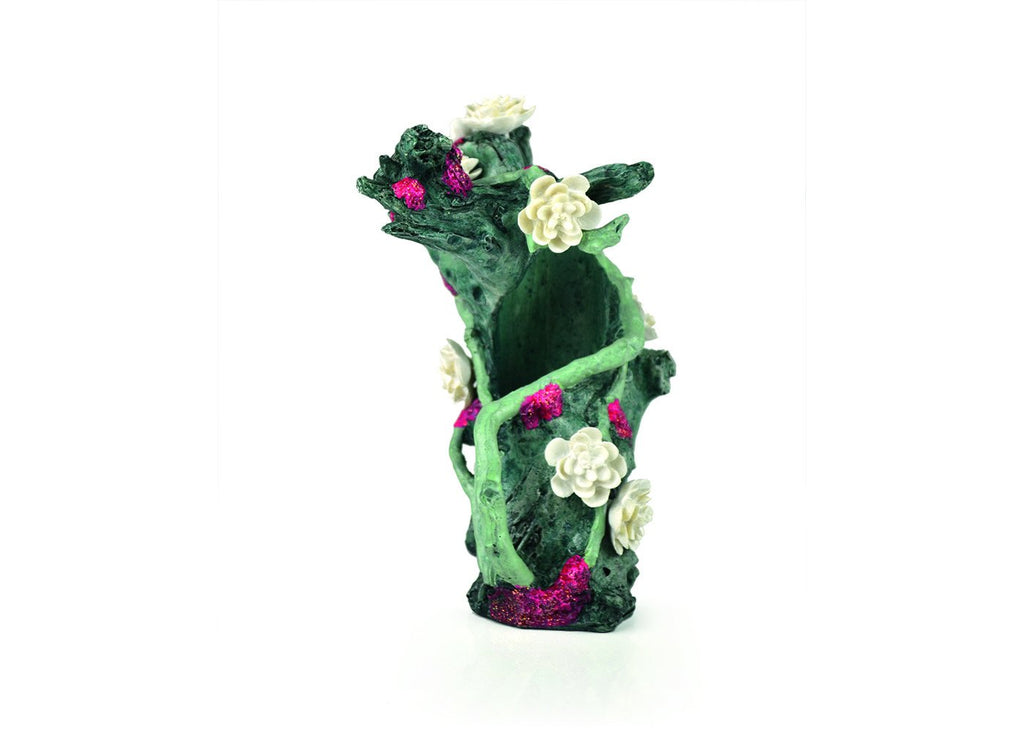biOrb Green Flower Trunk Ornament by Samuel Baker, a green resin tree trunk aquarium sculpture with pale flowers