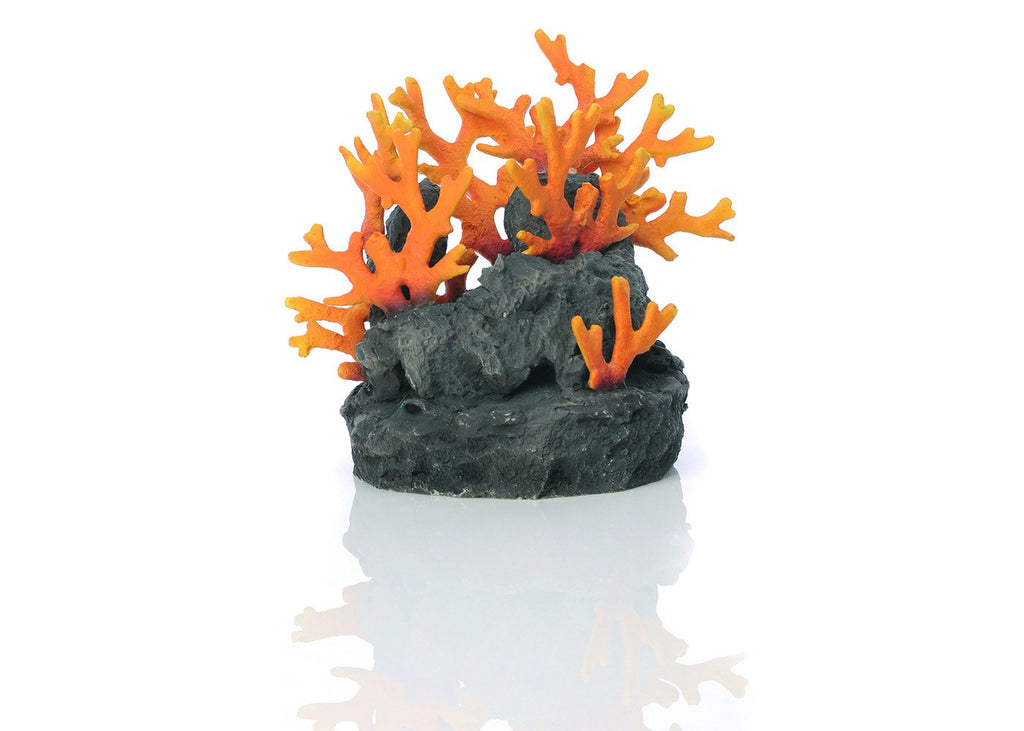 biOrb Lava Rock with Fire Coral Ornament by Samuel Baker, orange fire coral on dark lava rock resin aquarium sculpture