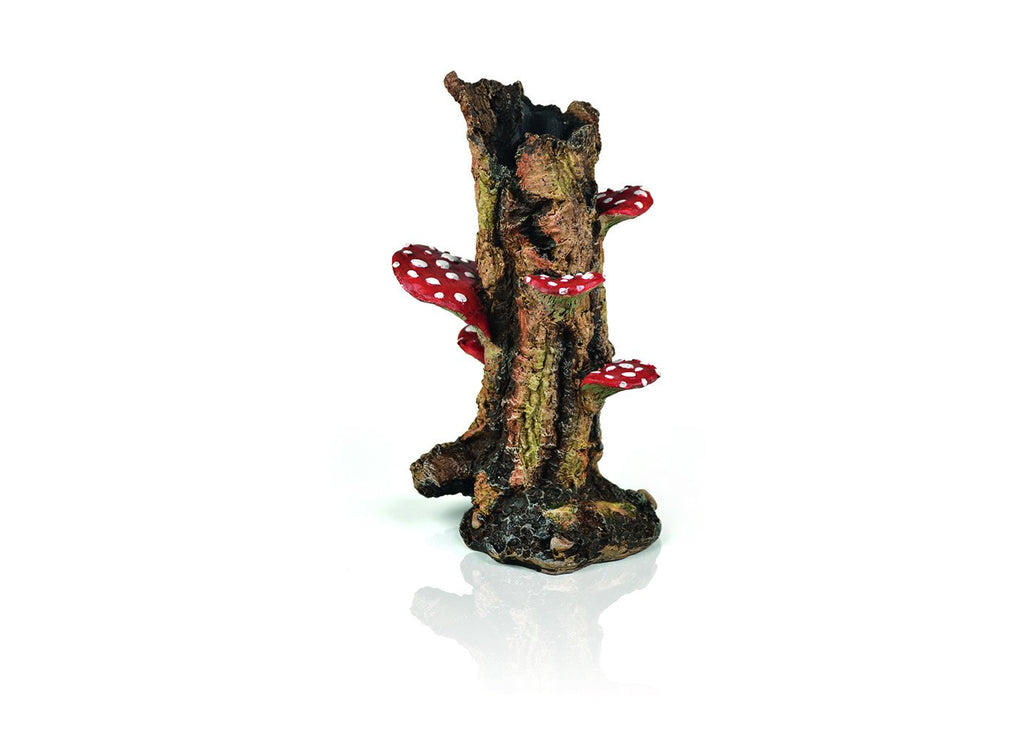 biOrb Mushroom Trunk Ornament by Samuel Baker, a brown resin tree trunk aquarium sculpture with red spotted mushrooms