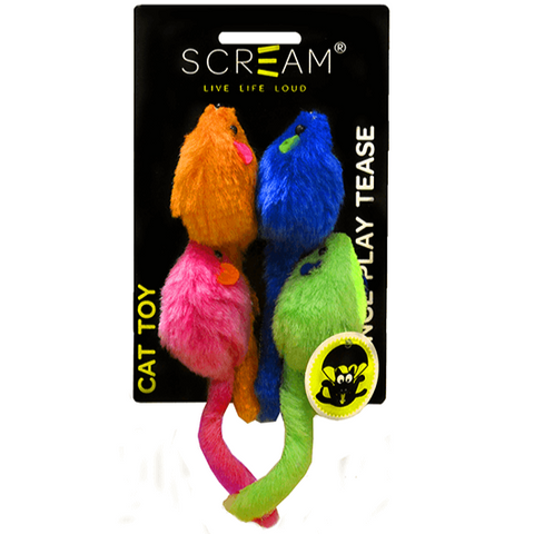 Scream MULTI-COLOURED MICE CAT TOY 4pk